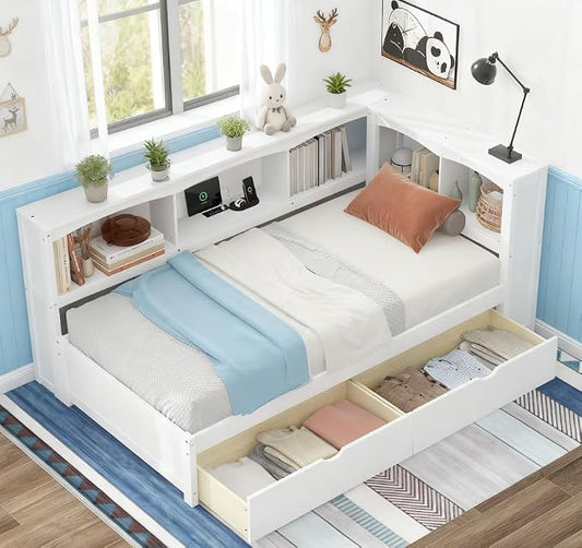 Bellemave Twin Corner Bed Frame with USB Ports, Wood Twin Size Daybed with L-Shaped Bookcase and 2 Drawers，Daybed with Storage Cabinets, White