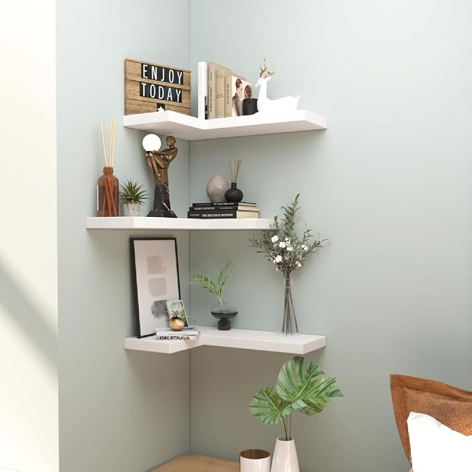 NATURE'S SOURCE Floating Corner Shelves with Invisible Brackets Set of 3, Corner Shelves Wall Mounted, for Home Bedroom Bathroom Kitchen Living Room Office- 16.1" x 11.5" (Pure White)