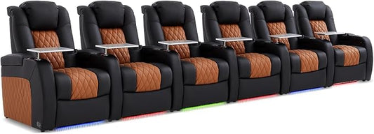 Weilianda Home Theater Seating Top Grain Leather Zero Gravity Recliner Chair Power Headrest Recline Movie Seat Gaming 7 Colors Mood Light Sofa with Tray Table Row of 6 Black Camel