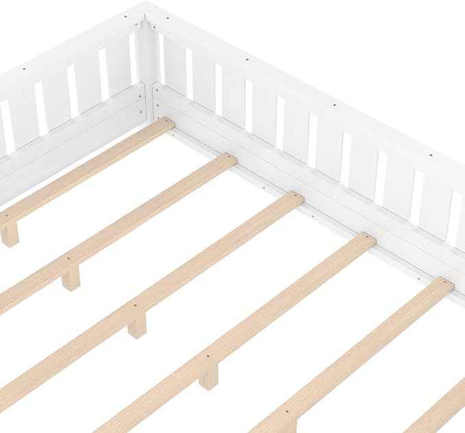 Bellemave White Montessori Floor Bed with Fence and Slats, Queen Size Montessori Floor Bed with Bookcase and High Rails, Easy Assemble Bed Frame for Girls, Boys, Queen