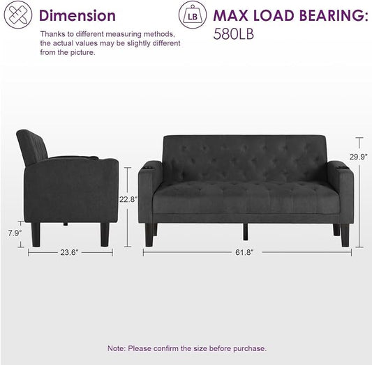 TYBOATLE 62" W Loveseat Sofa w/ 2 USB Charger Ports and 2 Cupholders, Mid-Century Modern Tufted Linen Fabric Small Love Seat Couches for Compact Living Room, Bedroom, Apartment, Dorm