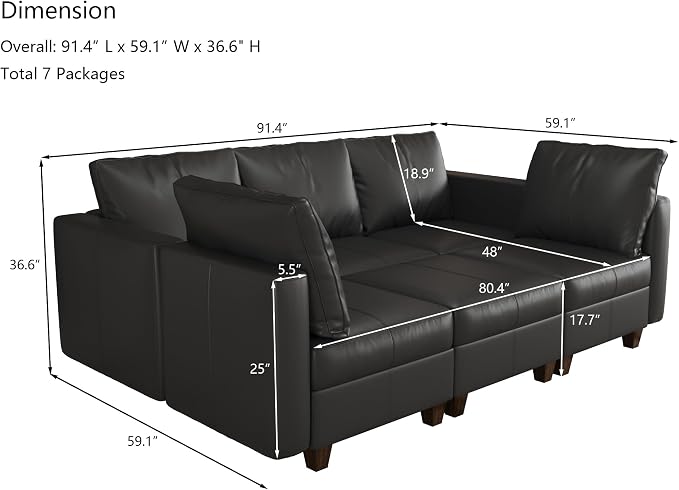 EASE MOOSE Faux Leather Modular Sleeper Couch Sectional Sofa Bed with Storage,Convertible Faux Leather Sectional Sofa,Black