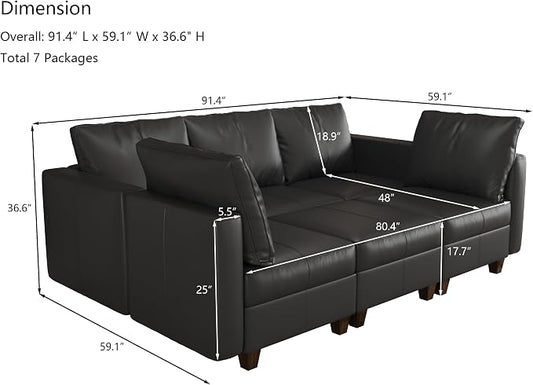 EASE MOOSE Faux Leather Modular Sleeper Couch Sectional Sofa Bed with Storage,Convertible Faux Leather Sectional Sofa,Black