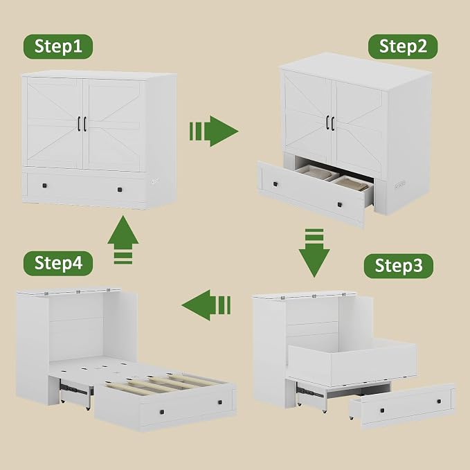 LIVAUVEAD Murphy Bed with Built-in Charging Station, Space-Saving Murphy Bed Chest Twin with Drawer, Foldable, for Home Office Guest Room Bedroom White