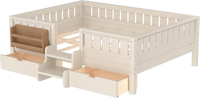 Bellemave Full Kids Montessori Bed with Stairs, Bookshelf and Drawers, Solid Wood Kids Bed Frame with Storage for Boys Girls, Low Profile,Beige