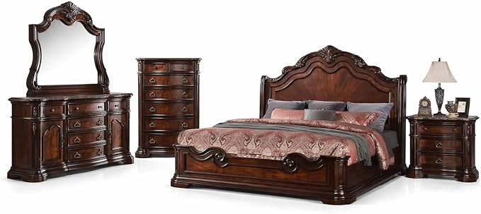 First of a Kind Barney's Traditional 5 Piece Eastern King Bedroom Set Solid Wood Furniture Collection with Walnut Finish, Classic Carved Design for Spacious Master Bedroom Interiors