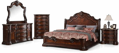 First of a Kind Barney's Traditional 5 Piece Eastern King Bedroom Set Solid Wood Furniture Collection with Walnut Finish, Classic Carved Design for Spacious Master Bedroom Interiors