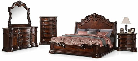 First of a Kind Barney's Traditional 5 Piece Eastern King Bedroom Set Solid Wood Furniture Collection with Walnut Finish, Classic Carved Design for Spacious Master Bedroom Interiors