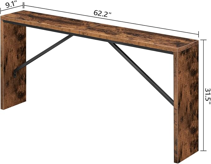 MAHANCRIS Console Table, 62.2" Long Sofa Table Behind Couch, Narrow Entryway Table, Farmhouse Dining Table with Angled Metal Frame, Industrial Console Table for Entryway, Rustic Brown CTHR15801Z