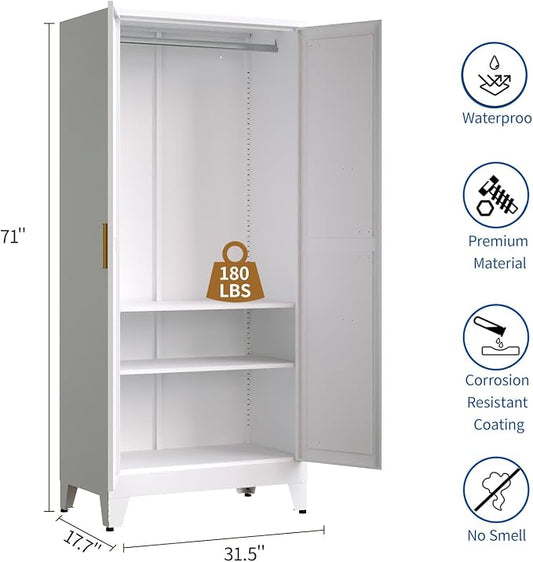 71" Heavy Duty Steel Armoire Wardrobe Closet, White Metal Clothing Storage Cabinet with 2 Magnetic Doors & Adjustable Shelves, Waterproof Hanging Rod Cabinet for Bedroom Gym Laundry Room