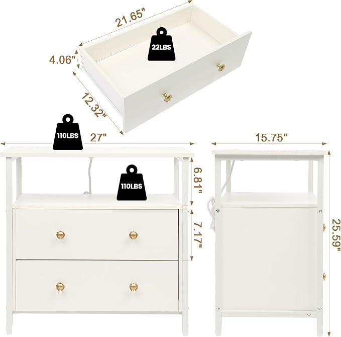 Edbuosy 27 inch Wide Night Stand with Charging Station, Bedside Table with Open Shelf, 2 Drawers Small Wood Dresser, Modern Wood Nightstand for Bedroom/Living Room, White