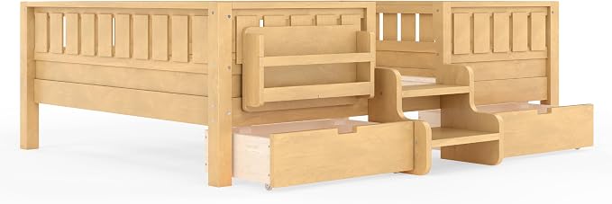 Bellemave Full Size Bed Frame with Storage Drawers & Bookshelf, Low Profile Kids Bed with Staircase & Full Length Guardrails, Solid Wood Full Size Bed Frame Kids with Slats Load 450 LBS, Natural