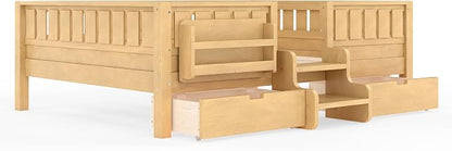 Bellemave Full Size Bed Frame with Storage Drawers & Bookshelf, Low Profile Kids Bed with Staircase & Full Length Guardrails, Solid Wood Full Size Bed Frame Kids with Slats Load 450 LBS, Natural