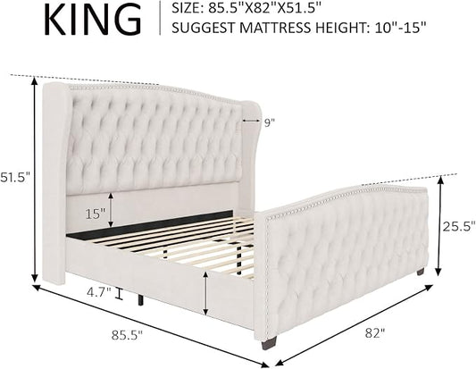 AMERLIFE King Size Platform Bed Frame, Velvet Upholstered Bed with Deep Button Tufted & Nailhead Trim Wingback Headboard/No Box Spring Required/Cream