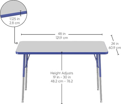 FDP Rectangle Activity School and Office Table (24 x 48 inch), Standard Legs with Swivel Glides, Adjustable Height 19-30 inches; Quick Ship Single Box - Gray Top and Blue Edge