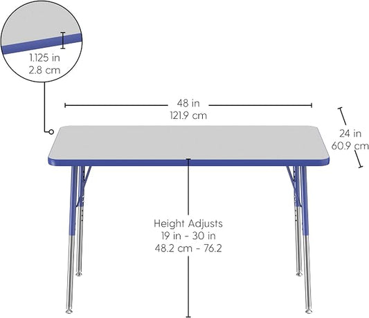 FDP Rectangle Activity School and Office Table (24 x 48 inch), Standard Legs with Swivel Glides, Adjustable Height 19-30 inches; Quick Ship Single Box - Gray Top and Blue Edge
