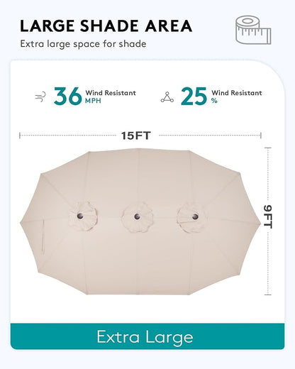 SERWALL 8-Piece Patio Dining Sets with 15FT Double Side Patio Umbrella, Outdoor HDPE Dining Furniture Set with Umbrella Hole Cut-Out Table and 6 Chairs, Blue（Umbrella Base not Included）