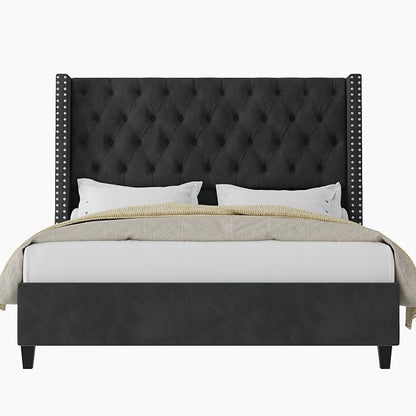 Jocisland Queen Size Bed Frame with 51.6” Wingback Tufted Velvet Headboard, Modern Upholstered Platform Bed, No Box Spring Needed, Easy Assembly, Black