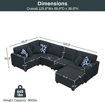 Legend Vansen Oversized Modular Sectional Sofa,U/L‑Shaped Reversible Couch with Ottoman,Deep Seat Plush Polyester Sofa for Living Room,6‑Seater,Charcoal