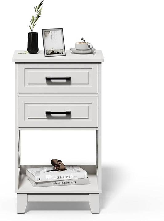 May in Color Nightstand, 30" Tall Side Table with 2 Drawers and Open Shelf, Bedside Table with Solid Feet, Modern Night Stand End Table for Bedroom, Home Office, White