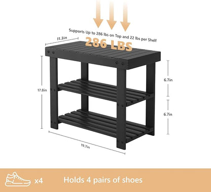 Sweetcrispy 3-Tier Shoe Rack Bench for Entryway, 19 Inches, Black | Bamboo Shoe Storage Bench, Shoes Rack for Entrance, Living Room, Balcony, 4 Pairs, 286lb Capacity