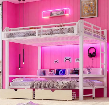 Bellemave Bunk Bed Queen Over Queen，Metal Bunk beds with Storage Shelves and Drawers USB Ports and LED Lights, Lower Bed That can be Converted into a Sofa, White