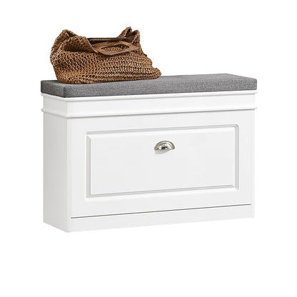 SoBuy Small Shoe Storage Bench, Narrow Shoe Cabinet for Entryway, Shoe Rack with Cushion&2 Tiers Flip-Drawer, Closet Hallway Mudroom White FSR82-L-W | Narrow shoe storage cabinet with 2-tier rack & 2 adjustable height shelves for small spaces, white, 7...