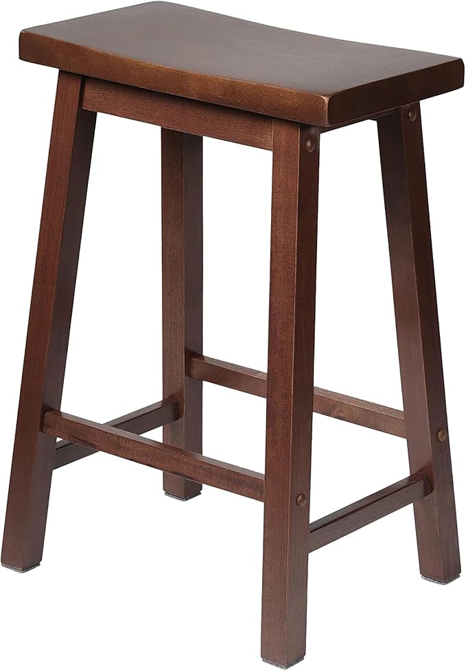 PJ Wood Classic Saddle-Seat 24'' Tall Kitchen Counter Stool for Homes, Dining Spaces, and Bars with Backless Seat, 4 Square Legs, Walnut (2 Pack)
