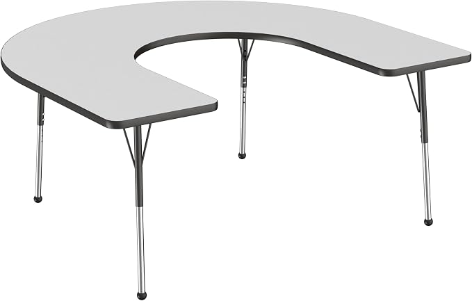 FDP Horseshoe Activity School and Office Table (60 x 66 inch), Standard Legs with Ball Glides for Collaborative Seating Environments, Adjustable Height 19-30 inches - Gray Top and Black Edge