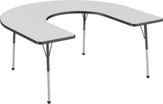 FDP Horseshoe Activity School and Office Table (60 x 66 inch), Standard Legs with Ball Glides for Collaborative Seating Environments, Adjustable Height 19-30 inches - Gray Top and Black Edge