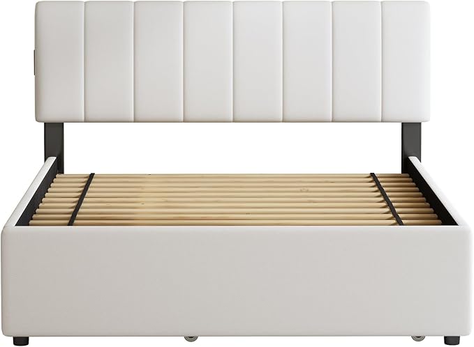 Queen Size Upholstered Platform Bed w/Trundle Bed & 2Storage Drawers | Twin Size Trundle,Two Drawers,LED Lighting Controlled by APP, USB+Type-C Charging Ports,Chenille Upholstered Bed Frame,Beige