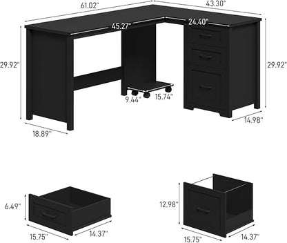 Vabches 61”Farmhouse L Shaped Executive Desk with File Drawers, Corner Computer Desk with Mobile CPU Stand, Wood Writing Computer Desk for Work, Study.Pure Black