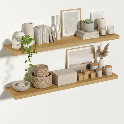 Vivelove 12 Inch Deep Floating Shelves 55 inch Long, Thick Wall Shelves with Invisible Brackets, Shelf for Bedroom Bathroom Living Room Kitchen Office, Rustic Farmhouse Decor, 55x12x1.5 Set of 2, Oak