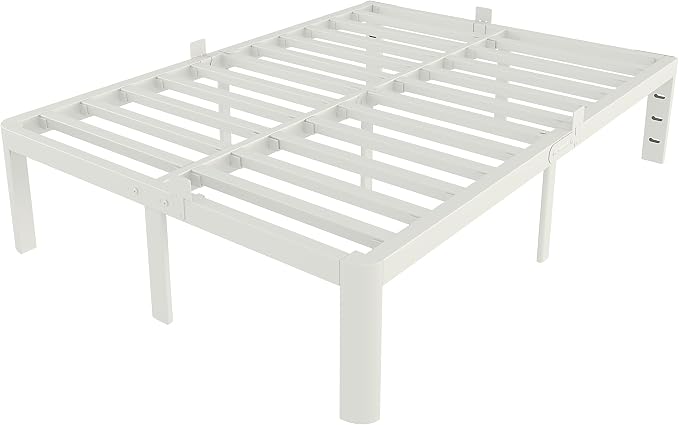 White Bed Frame Queen Size 14 Inch, Metal Queen Bed Frame No Box Spring Needed, Heavy Duty Steel Support 3500 LBS, DIY Headboard, Noiseless, Round Corner Legs, Storage Space, Easy Assembly