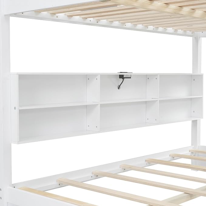 Queen Over Queen Bunk Bed with Built-in Shelves and USB Ports, Solid Wood Bunk Bed Frame with Safety Guardrail, for Kids Boys Girls Bedroom, No Box Spring Needed (White)