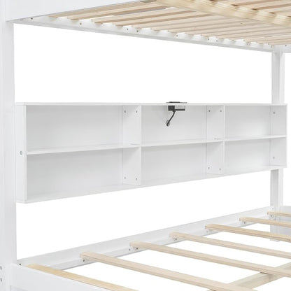 Queen Over Queen Bunk Bed with Built-in Shelves and USB Ports, Solid Wood Bunk Bed Frame with Safety Guardrail, for Kids Boys Girls Bedroom, No Box Spring Needed (White)