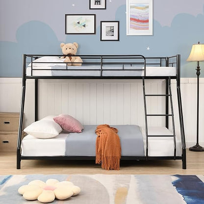 EMKK Twin Over Full Bunk Bed for Adults, Metal Bunk Beds Twin Over Full Size for Teens Dorm Bedroom Guest Room,Heavy Duty Bunk Beds with Ladder and Safety Full Length Guardrail (Black B)
