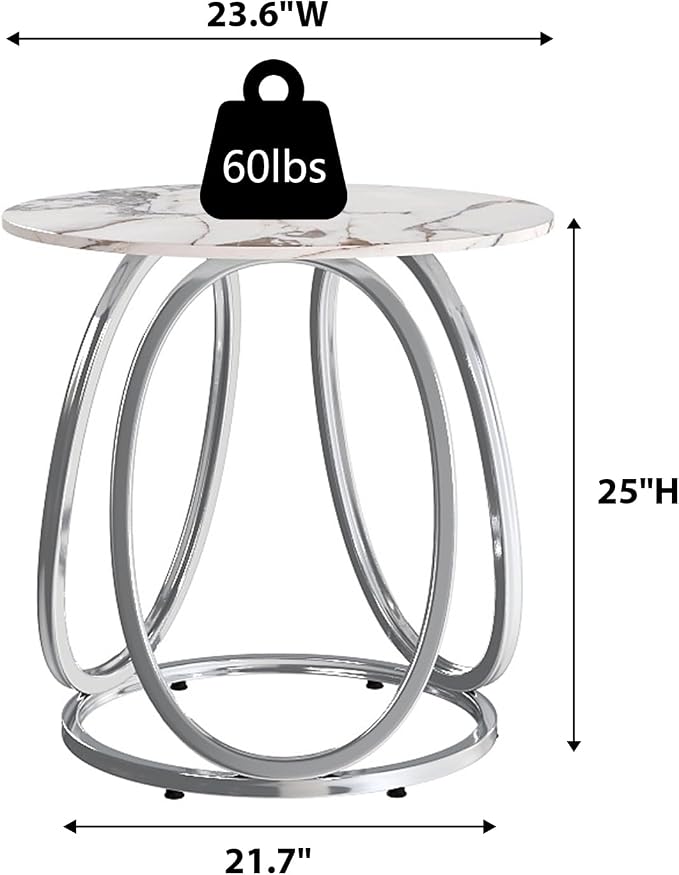 O&K FURNITURE Silver Side Table Living Room, Round End Table with Metal Frame, Modern Nightstand for Small Spaces, Bedroom, Home Office, 1PC