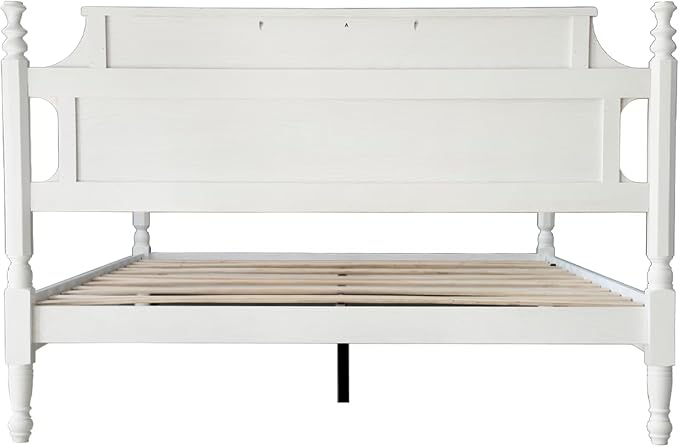 Solid Wood Queen Size Platform Frame, Headboard & Footboard, No Box Spring Needed, 12 Wooden Slats, Center Metal Legs, Slip-Free, Simple Assembly, Under Bed Storage, Pure White Finish, ROQ-39
