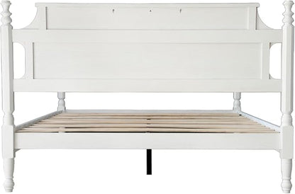 Solid Wood Queen Size Platform Frame, Headboard & Footboard, No Box Spring Needed, 12 Wooden Slats, Center Metal Legs, Slip-Free, Simple Assembly, Under Bed Storage, Pure White Finish, ROQ-39