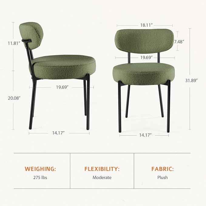DUMOS Dining Chairs Set of 4, Mid Century Modern Chair Round Upholstered Curved Backrest, Kitchen Vanity Living Room Chairs with Black Metal Legs, Green