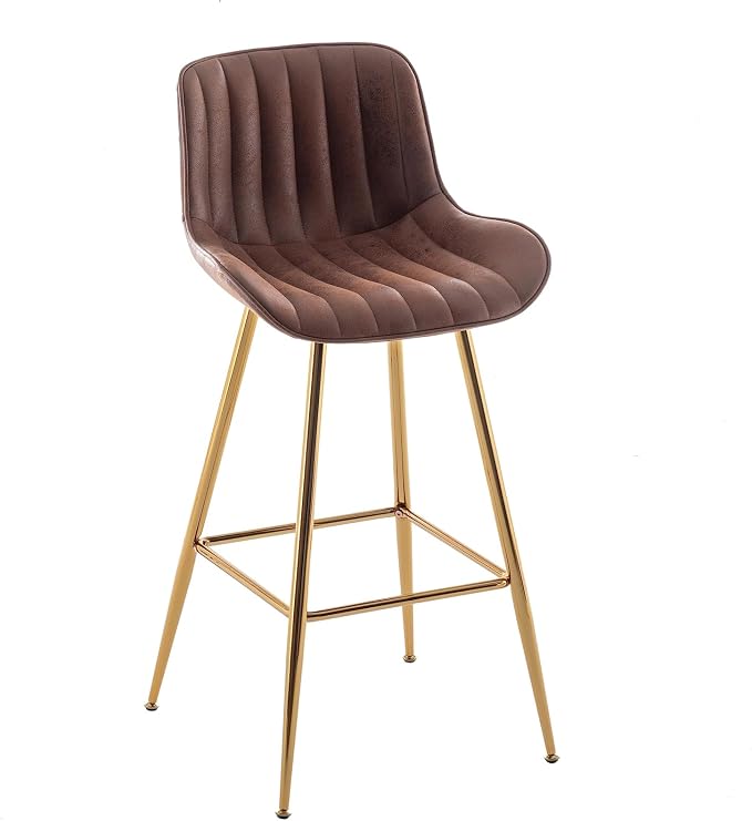 Sidanli Velvet Bar Stools Set of 2, Armless Bar Chairs with Gold Metal Legs, 29inch Counter Height Kitchen Island Stools with Back, Brown