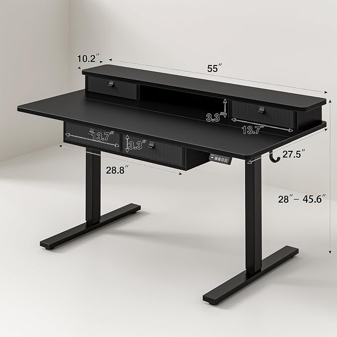 Grandder Electric Standing Desk with Four Drawers, Sit to Stand Up Height Adjustable Desk with Storage Shelf for Home Office, 55 * 28 Inch, Study, Ergonomic Adjustable Computer Desk, Black