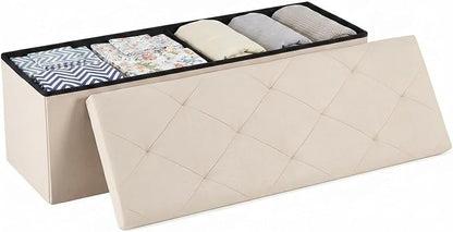 DUMOS 43 Inch Folding Storage Ottoman Bench, Spacious Hidden Organizer with Foam Cushioned Top, End of Bed Foot Rest Stool for Bedroom Living Room Entryway, Supports Up to 660 LBS, Linen Fabric, Beige