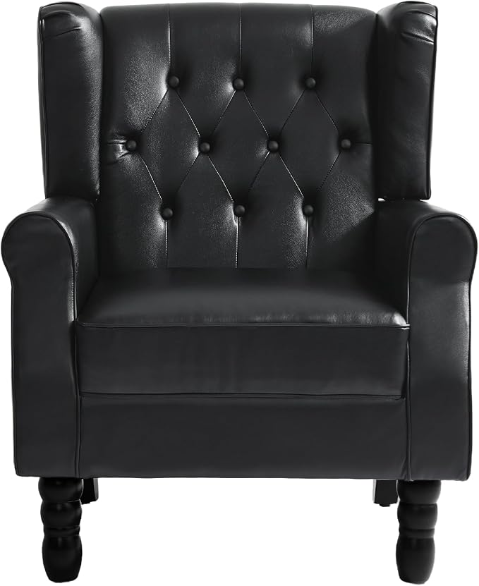 Faux Leather Accent Chair, High Back Wingback Chair Upholstered Armchair for Living Room, Comfy Single Sofa Bedroom Reading Seat with Solid Wood Legs - Black