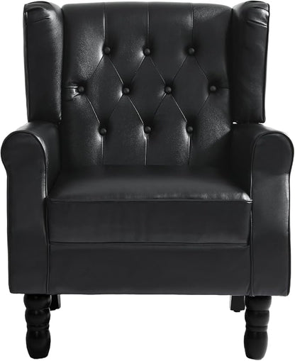 Faux Leather Accent Chairs Set of 2, High Back Upholstered Armchair for Living Room, Wingback Chair Comfy Single Sofa Bedroom Reading Seat with Solid Wood Legs - Black