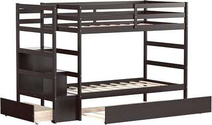 Giantex Twin Over Twin Bunk Bed with Trundle, Solid Wood Bunkbeds with Guard Rail and Storage Stairs, Twin Bunk Bed Frame, Suitable for Kids, Teens, No Box Spring Needed (Espresso)
