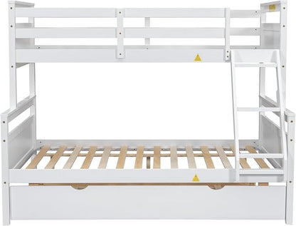 Merax Trundle Bunk Bed, Twin Over Full Wood Bunk Bed with Twin Size Trundle and Ladder, 3-in-1 Convertible to 2 Separate Beds, Solid Wood Frame with Guardrail, White
