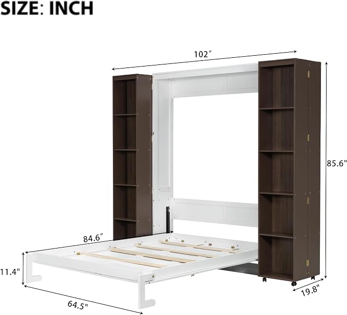 MERITLINE Folding Hidden Queen Murphy Bed Cabinet with Storage Bookcase Bookshelf, Wood Murphy Wall Bed with Storage Shelves Cabinet for Adults (Espresso)