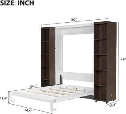 Queen Murphy Bed with Storage Doors, Space Saving Wall Bed Cabinet Hydraulic Lift Helps Raise and Lower the Bed, While Hidden Side Storage Keeps Bedding and Daily Essentials Organized